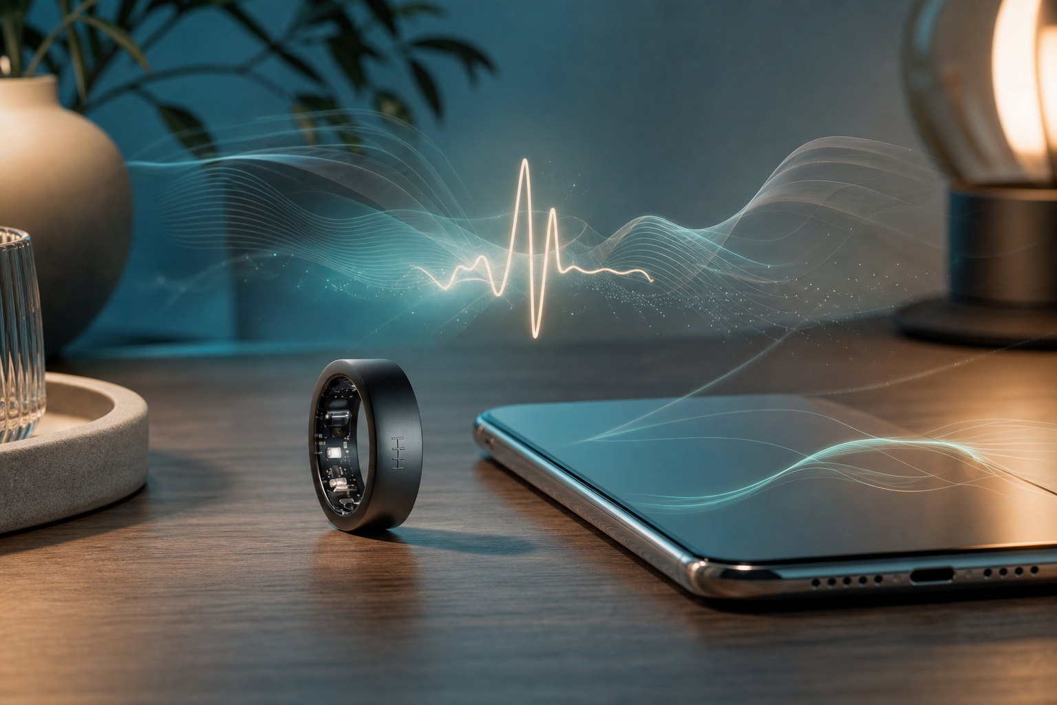 AI layer mood: smart ring and phone with abstract health waveforms and soft data glow