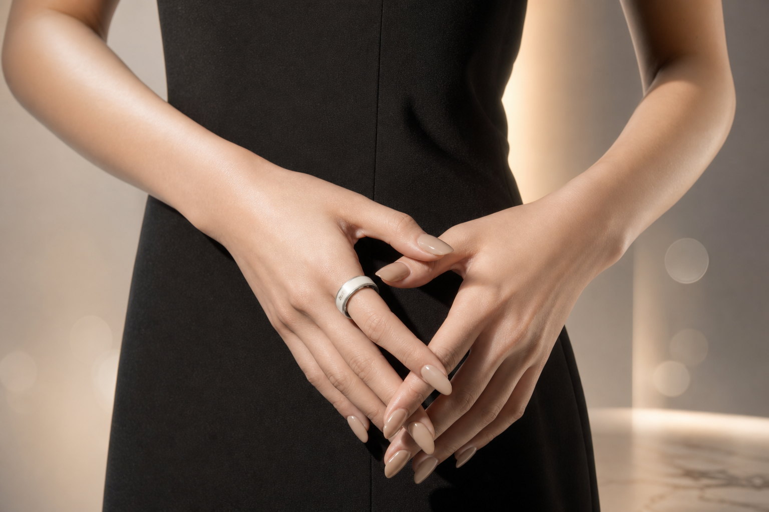 Full-color fashion editorial derived from the TAIJI hand-model composition — pearl ceramic-metal ring, natural skin tones, cool silver-teal ambient light to match neighboring cards