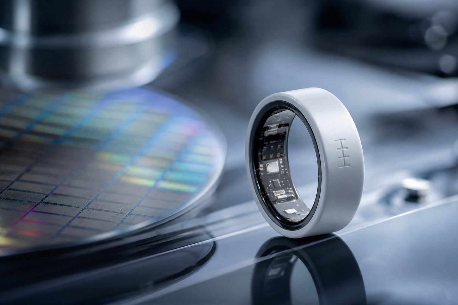 Semiconductor craft mood: smart ring with wafer-like reflections and precision metal finish