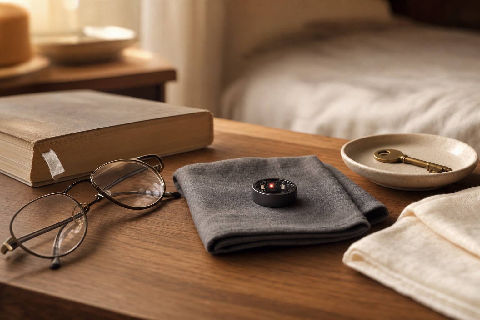 Bedside still life: a DR H smart ring resting on a folded slate-grey linen cloth beside a worn book, reading glasses and a small ceramic dish with a brass key — daily essentials, calm and intentional