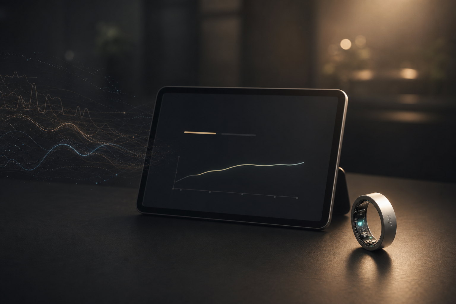A DR H smart ring on a desk beside a tablet showing a single clean trend line, with raw biosignal waveforms dissolving into the dark background — AI distilling raw data into one calm, actionable insight