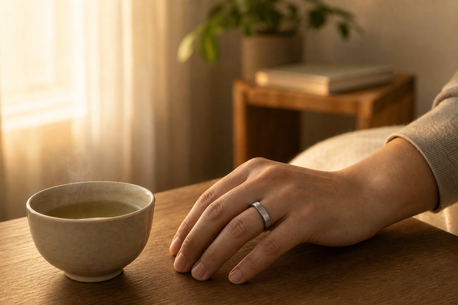 A relaxed hand wearing a DR H smart ring rests on a warm wooden table beside a steaming ceramic tea cup in soft window light — a quiet, unhurried daily moment