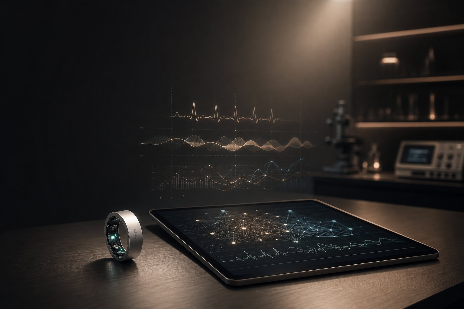 DR H smart ring beside an AI health analytics dashboard — neural network graph, ECG and hemodynamic waveform visualisation