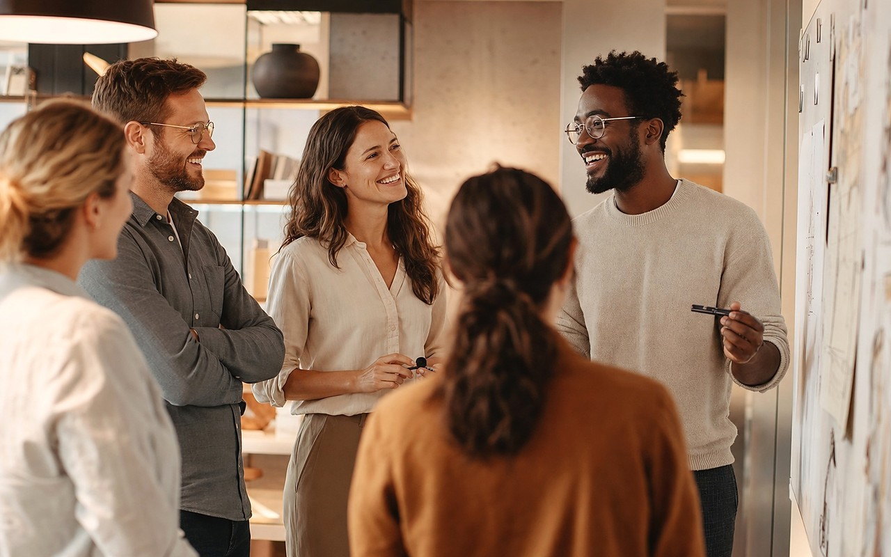 Cross-functional team in a friendly, focused working session