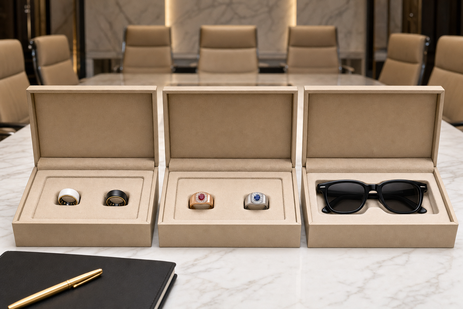Milestone delivery and bulk fulfillment — TAIJI rings, WUJI rings, and IntelliShade smart glasses in three gift cartons