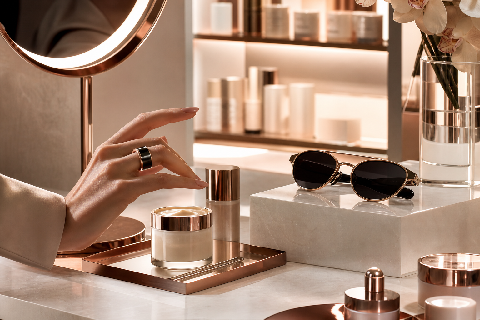 Cosmetics experience retail with DR H ring and glasses